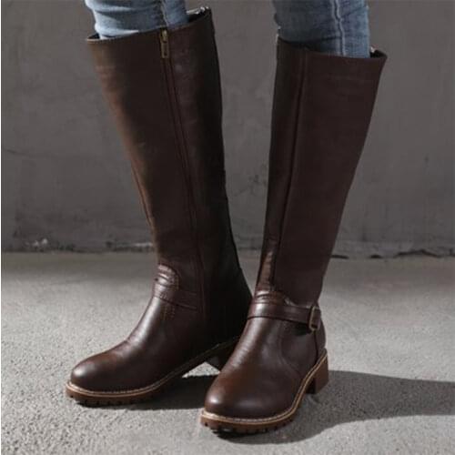 2020 Autumn Women Knee High Boots Womens Zip Leather Buckle High Boots Woman Low Heels Ladies Buckle Belt Female Shoes Big Size