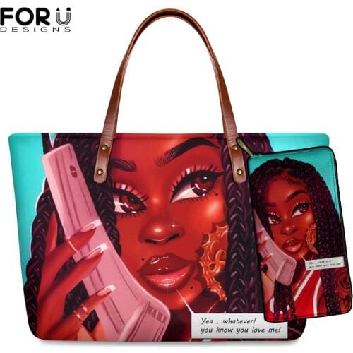 FORUDESIGNS Brand Luxury Design Handbags Women Black Art African Girl Printing 2pcs/set Hand Bag&Wallet Females Top-Handle Bags