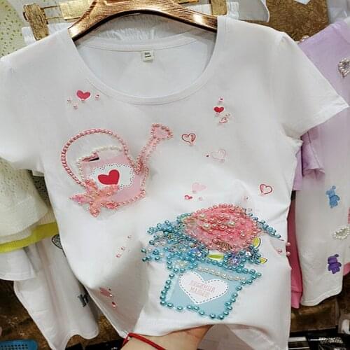 Luxury heavy industry beaded pearl t-shirt women summer three-dimensional sequins watering flowers pure cotton Top tees