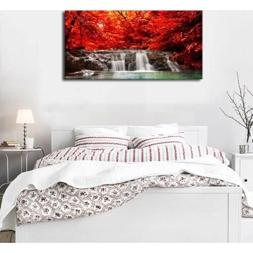 Canvas Wall Art Waterfall in Forest Panoramic Painting - Long Red Woods Canvas Artwork Home Decor Drop shipping