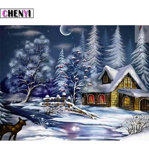 CHENYI Full 5D Diy Diamond Painting Snow House Diamond Embroidery Cross Stitch 3D Mosaic Needlework Christmas Decoration Gift
