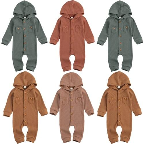 New 0-24M Baby Girl Boy Hooded Romper Outfits Spring Autumn Casual Solid Long Sleeve Waffle Jumpsuit Clothes