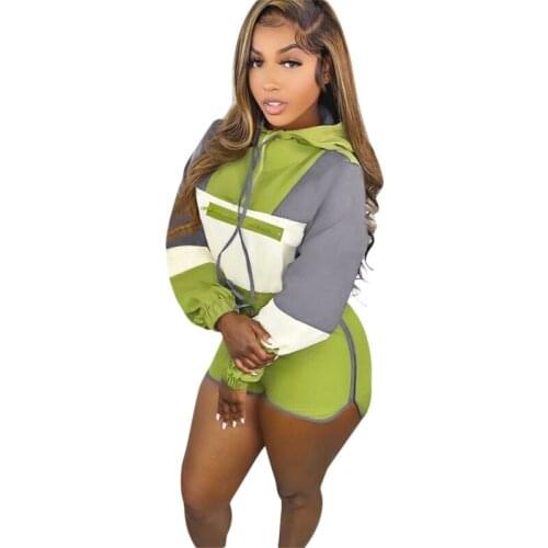 Two Piece Set Fashion Casual Solid Women Autumn Zipper Long Sleeve Crop Tops Hoodies And Bandage Drawstring Casual Shorts