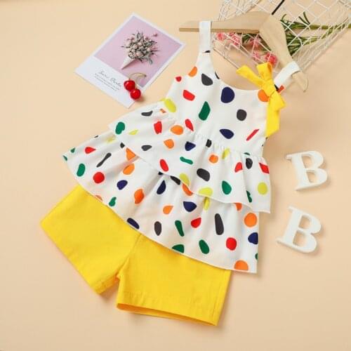 Baby Girls Clothes Sleeveless Summer Suit Children Bow Dot Printed Ruffle Princess Tops+short Pants 2 PCS Sets Kids Sweet Outfit