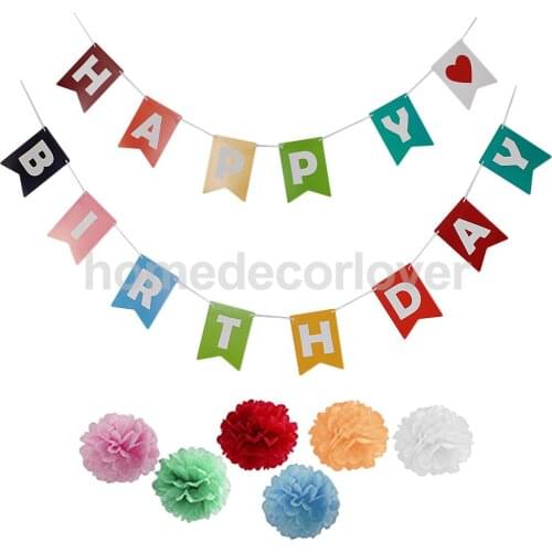 Colorful Happy Birthday Banner Garland Paper Pom Poms Flower Kids Adults Birthday Party Photo Backdrop DIY Hanging Decoration