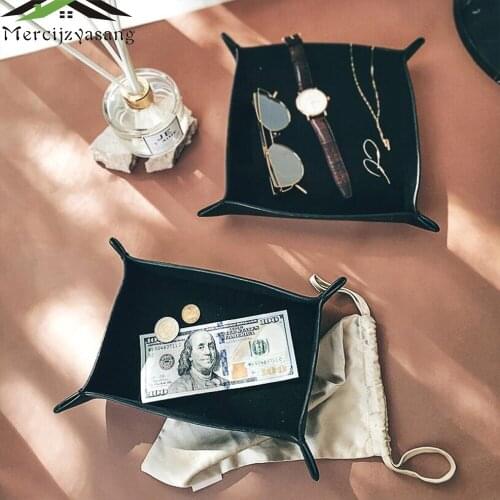 Creative Decoration Organizer Foldable Storage Box PU Leather Square Tray Key Wallet Coin Box Desktop Trays Decor LSN03