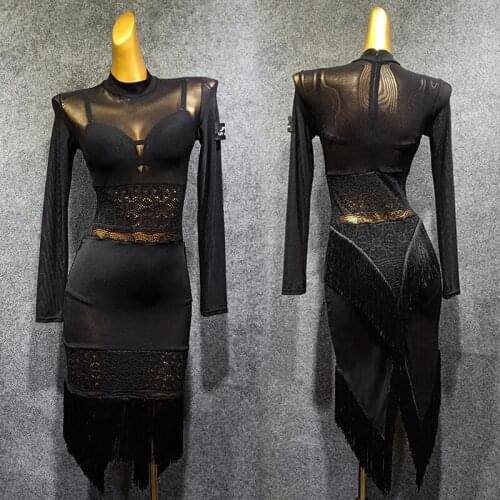 Latin Dance Dress Female Adult Sexy Perspective Dress Dance Clothes Evening Party Performance Outfit Fringe Skirts Women 1545