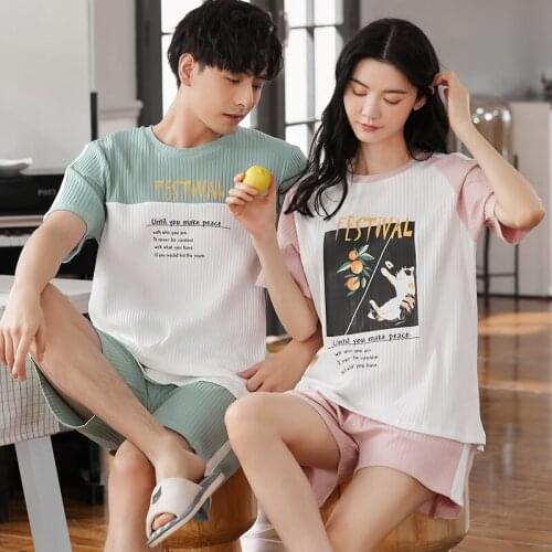 Summer Cotton Pajamas Set Fashion Refresh Light Green Patchwork Men Plus Size Short Sleeve Homewear Kawaii Pink Women Sleepwear