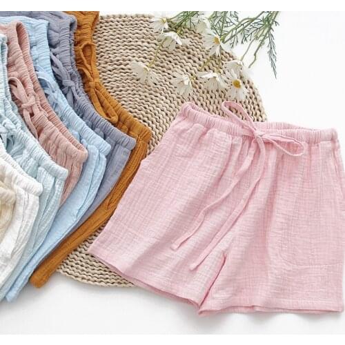 Summer 100% Cotton Crepe Sleep Shorts Solid Color Casual Loose Sleepwear Women Bottoms Ladies Plus Size Pajamas Loungewear