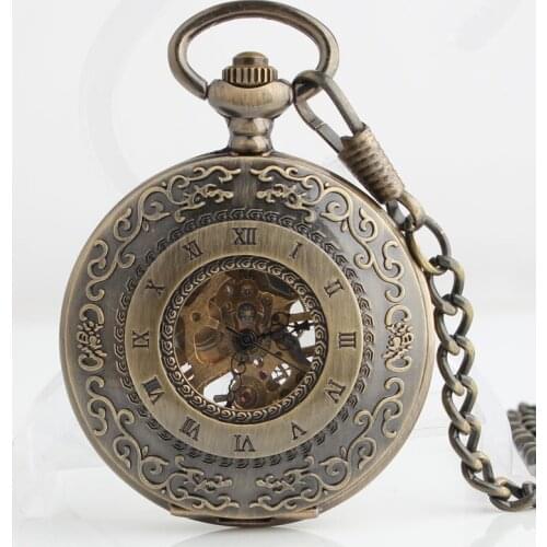 10pcs/lot Antique Bronze Carved Mechanical Pocket Watch Skeleton Luminous Dial Hand Wind Gift Watches Hot Sale