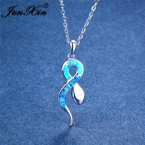 Cute Animal Snake Pendant Necklaces For Women Silver Color Blue White Fire Opal Necklace Wedding Choker Infinity Jewelry