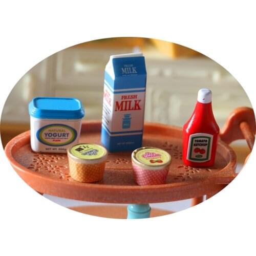 10set Miniature Food Cute Realistic Resin Tiny Milk Yogurts Ketchup Cans Food Plastic Model Toy For Kids DollHouse Kitchen