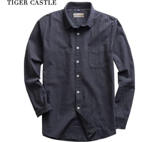 Mens Brushed 100% Cotton High Quality Dress Shirts Vintage Blue Slim Fit Solid Fashion Blouse Male Designer Long Sleeve Shirt