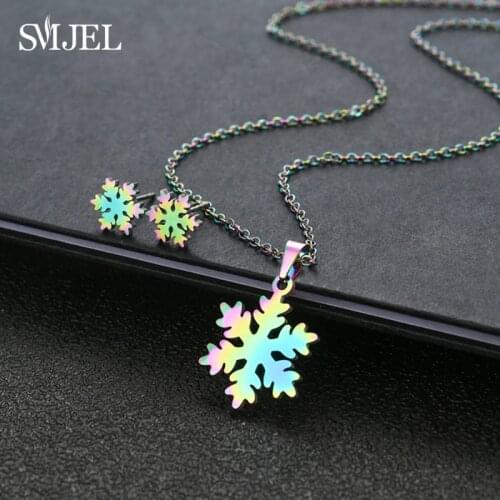 SMJEL Rotatable Snowflake Stainless Steel Jewelry Set Fashion Cute Christmas Earrings And Necklaces Reindeer Pendant Choker