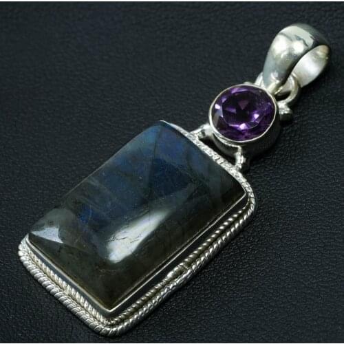 Natural Blue Fire Labradorite and Amethyst Unique Design 925 Sterling Silver Pendant 2" D069