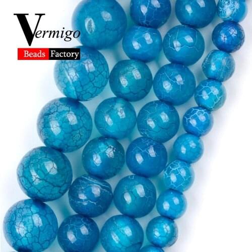 Natural Stone Blue Cracked Dragon Veins Agates Round Beads for Needlework Jewelry Making 6/8/10mm Spacer Beads Diy Bracelet 15"