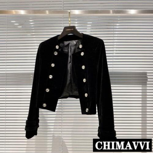 2020 New Fashion Rhinestone Button Shiny Slim Fit Velvet Suit Coat Cropped Jacket Women High Waist Short Jackets