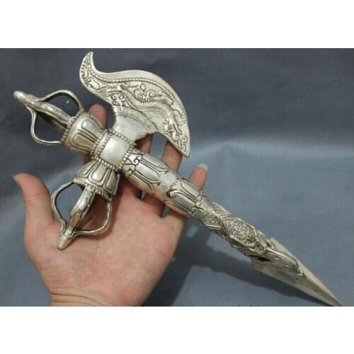 Wholesale factory 32CM Chinese Silver Dragon Statue Dagger Tibet Buddhism Dorje Phurpa Talismans