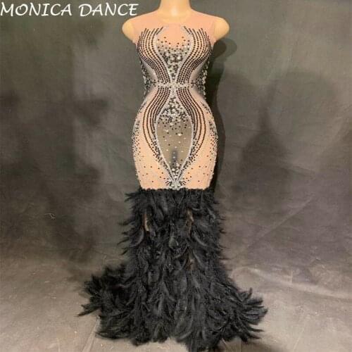 Sexy Stage Black Feather Perspective Dress Evening Party Rhinestone Dress Birthday Celebrate Costume Singer Performance Dress