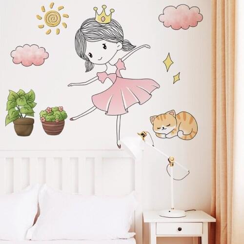 [shijuekongjian] Cartoon Girl Wall Stickers DIY Cat Potted Wall Decals for Kids Rooms Baby Bedroom House Decoration Accessories