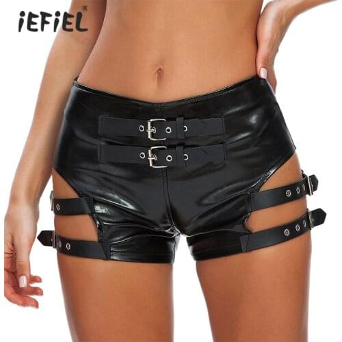 New Womens Fashion Shorts Pole Dancing Costumes Patent Leather Strappy Booty Shorts Femme Exotic Hot Pants Body Latex Clubwear