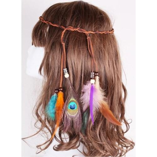 Bohemian Style Indian Feather Headband Headdress Hair Rope Headwear Tribal Hippie Handmade Hair Accessories for Women 56