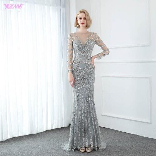 YQLNNE 2020 New Long Sleeve Silver Crystals Evening Dresses Mermaid Formal Evening Gown See Through