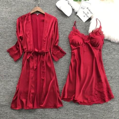 2PC Silk Robe Gown Set for Women Lace Satin Pajamas Sleep Suit V-Neck Cami Nighties Wear Pijama Home Nightwear Spring Nightdress