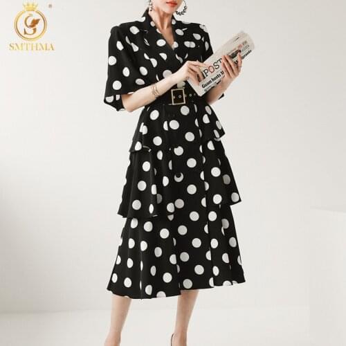 SMTHMA 2021 New Summer Korean Ttemperament Double-Breasted Polka Dot Dress Womens Short Sleeve Cake Fashion Dress Vestidos