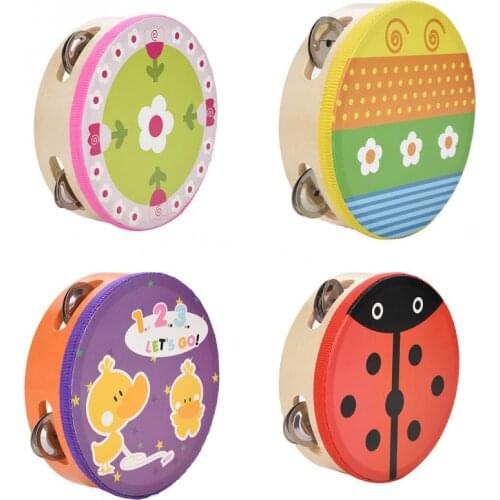 15cm Cartoon Wooden Handheld Tambourine Freestyle Hand Drum Bell Musical Percussion Instrument for Parties Kids Games