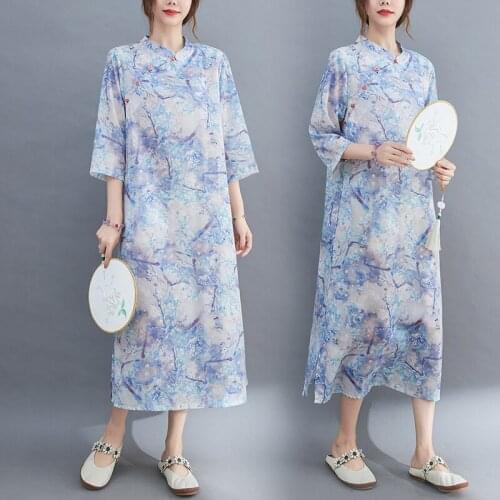 2021 chinese traditional qipao vintage cheongsam elegant daily costume blending cotton cheongsam printing qipao collar dress