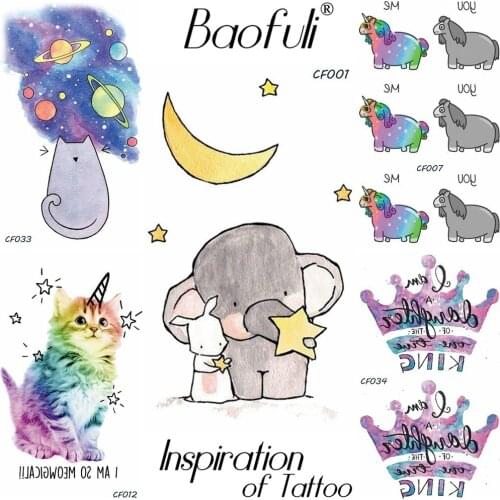 BAOFULI Cartoon Children Temporary Tattoo Birthday Xmas Gifts Body Art Arm Tatoos Elephant Moon Star Watercolor Tattoo Stickers