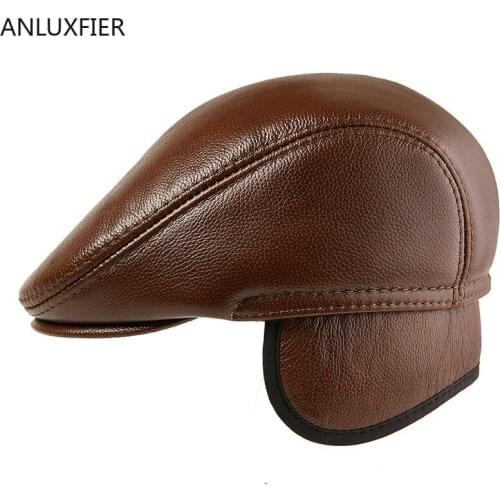 H7594 Genuine Leather Beret Hat Men Middle-aged Cowhide Warm Forward Berets Cap Male Autumn Winter Protection Ear Anti-cold Caps
