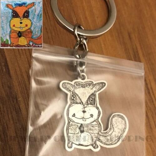 Customized Childrens Drawing 925 Sterling Silver Keychain, Personalized Childrens Paintings Keychain,Creative Gift