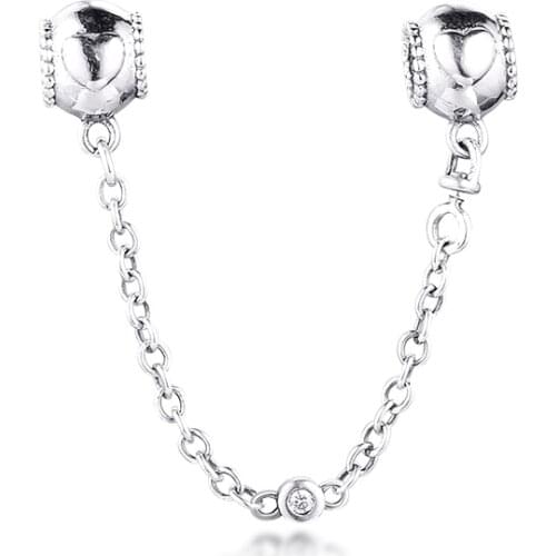 Genuine 925 Sterling Silver Embossed Hearts Safety Chain Beads Charm Fit Original Bracelet Woman DIY Jewelry Making