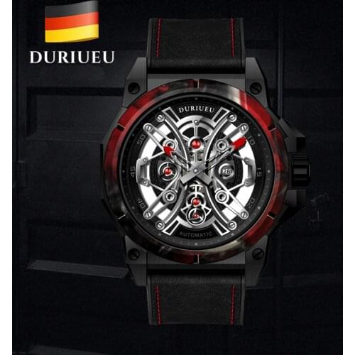 German Mechanical Watch Skeleton Automatic Luxury Men Watches Sapphire Carbon soldering ring Rubber strap Relogio Masculino