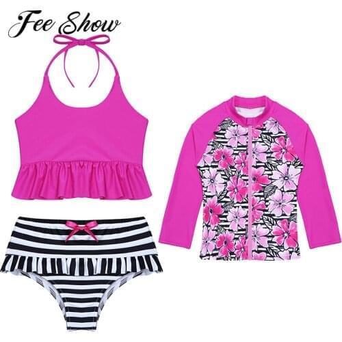 Kids Girls Swimwear Swimsuit Floral Print Front Zipper Tops with Ruffle Crop Tops and Briefs Set Beachwear Swimming Bathing Suit