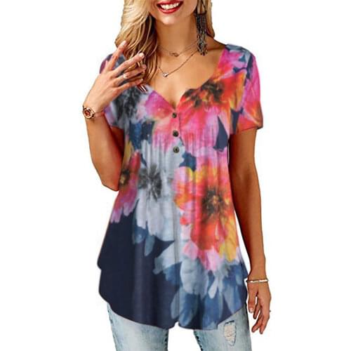 Womens Floral Gradient Printing Button V-Neck Short Sleeve Blouse T-Shirts Loose Top For Summer Autumn Female Casual Wear