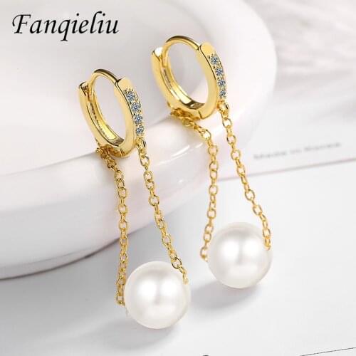 Fanqieliu Double Chain Pearl 18K Gold Plated Crystal Jewelry Female Real 925 Sterling Silver Drop Earrings For Women FQL21227