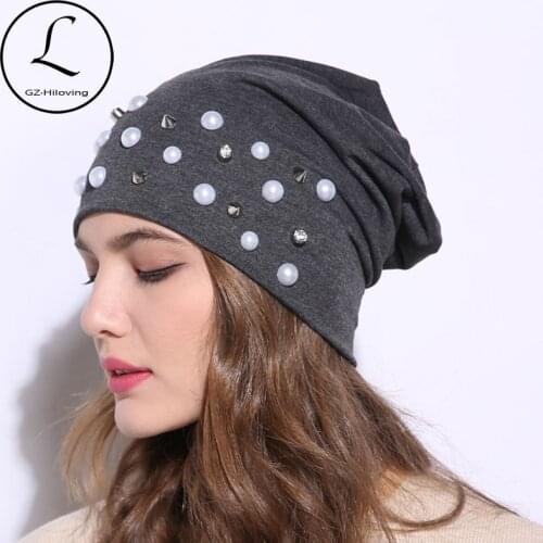 GZHILOVINGL Brand 2020 casual Pearl Diamond Hat Women Knit Slouchy Beanie Girls Bonnet Skull Baggy Cotton Hats Gorro Spring hats