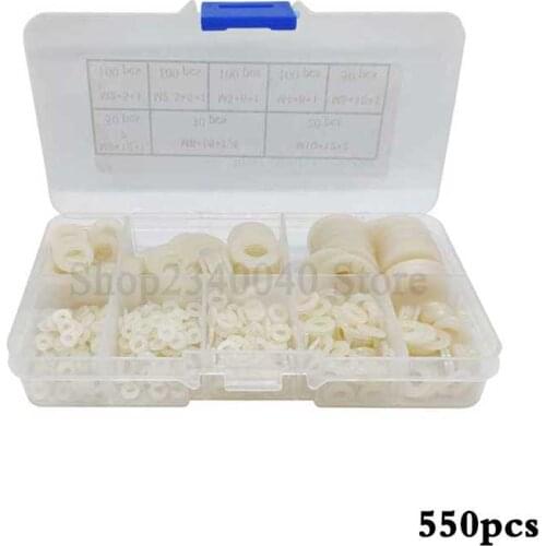 550pcs Nylon Flat Washer Set m2 m2.5 m3 m4 m5 m6 m8 m10 Gasket Set Plain White Washer Flat Pad Assortment Kit Ring