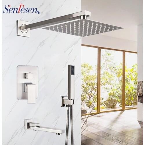 Senlesen Brushed Nickle Shower Faucets Set Rain Waterfall Shower Head Mixer Tap Bath 3-way Mixer Shower Faucet