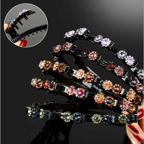 Non-Slip Hairband Rhinestone Flower Headband for Women Hairbands Bezel with Clips Double Bangs Hairpin Hair Accessories