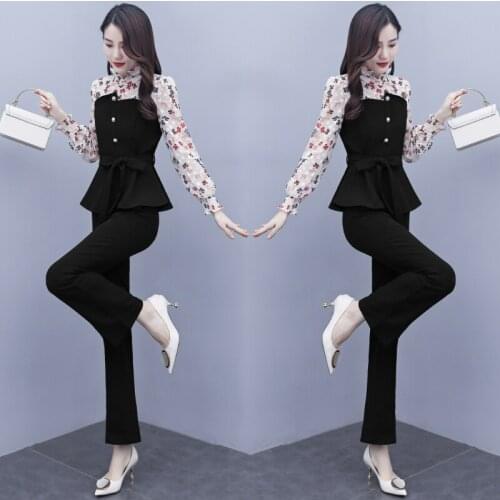 2020 Autumn New Printed Chiffon Patchwork Shirt Pants Two Piece Set Office Work Wear Slim Plus Size 3xl Clothes Black Suit