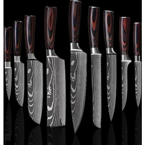 Chef Knife 1-9 Pcs Set Kitchen Knives Laser Damascus Pattern Sharp Santoku Cleaver Slicing Utility 7CR17 Stainless Steel Knife