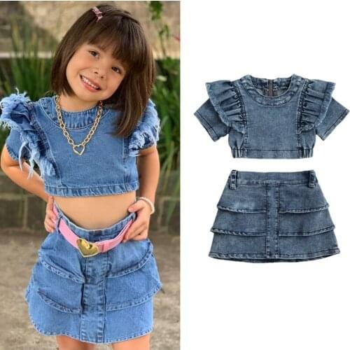 1-6Y Fashion Girls Summer Denim Clothing Sets Ruffles Short Sleeve Pullover T-shirts+Layered Mini Skirts Toddler Casual Outfits