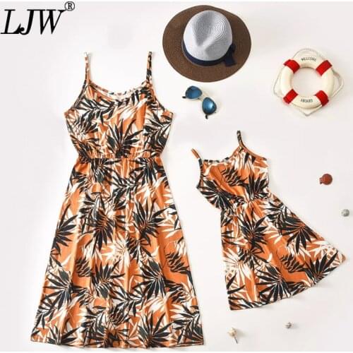 Mother and daughter dress family matching suit solid color leaf waist sling print dress mom baby summer fashion clothing