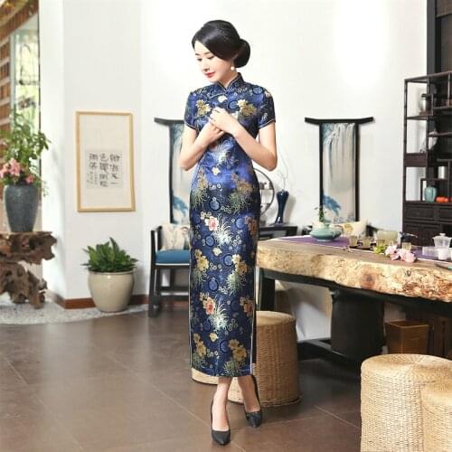 Oriental Style Dresses China Large Sizes Evening Cheongsam Long Restore Ancient Lady Mom Qipao Performance Serve Robe Satin XXXL