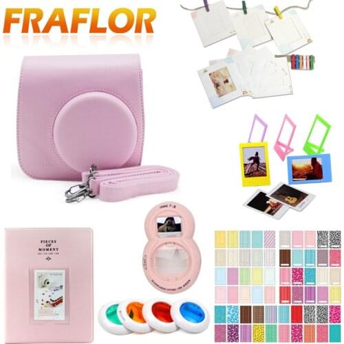 Pink Color 7 in 1 Instant Film Camera Album Filter Bundles Kit Photo Frame Sticker Camera Case Bag for Fujifilm Instax Mini 8