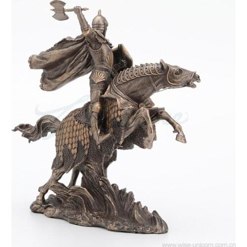 A knight in armor rides a horse with an axe in his right hand